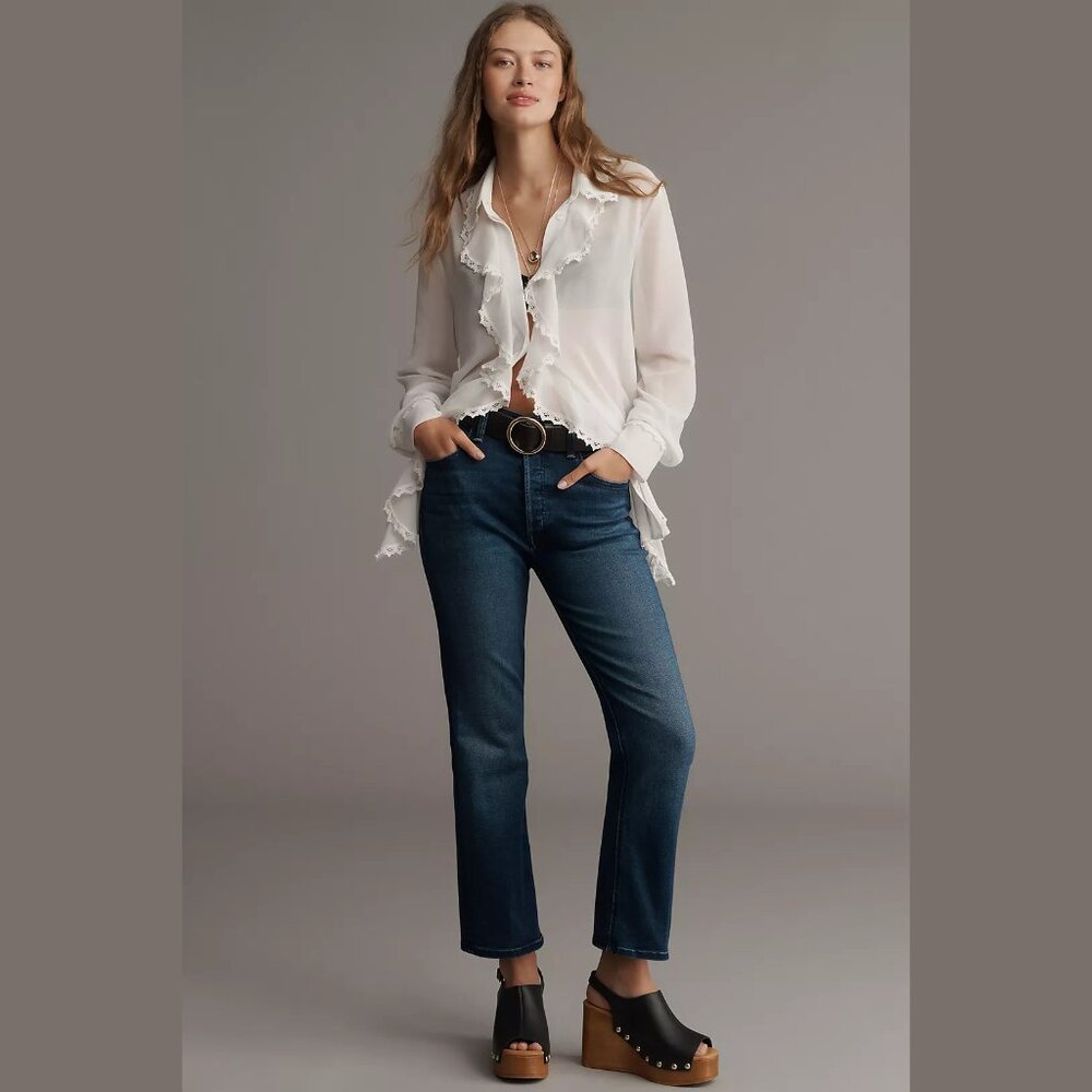 NEW MOTHER Size 34 The Tripper Ankle High-Rise Crop Flare Jeans, Homecoming High